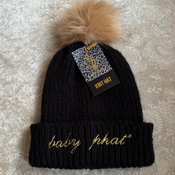 Brand New Baby Phat Black Knit Faux Fur Pom Hat Gold Metallic Embroidery Cuffed main image 5
